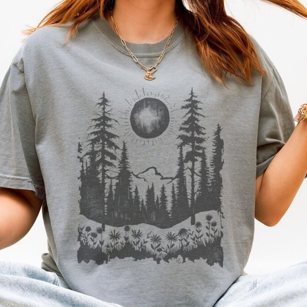 Forest Mountain Landscape Graphic Shirt Nature Hiking Tshirt Outdoor - Picture 3 of 8